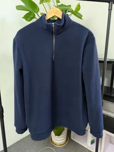 Men's winter dark blue fleece half-zip sweatshirt, stand collar loose warm casual pullover detail.