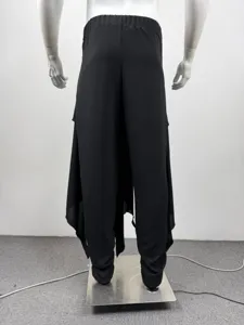 Men's black harem pants back detail, layered draped design, lightweight casual trousers view