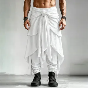 Mens white loose harem pants casual knotted drape layered wrap trousers fashion streetwear