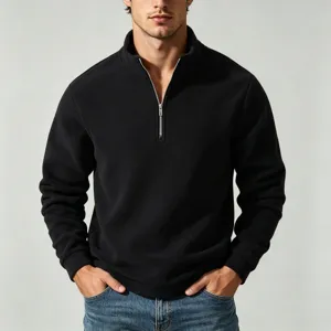 Close-up details of the black half-zip fleece sweatshirt featuring stand collar and warm fabric.