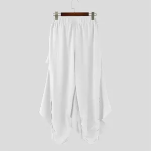 Men's white casual harem pants, stylish layered draped design with elastic waistband for use.