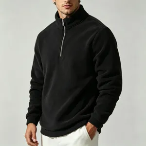 Detail view of men black quarter-zip fleece pullover, soft warm texture collar.