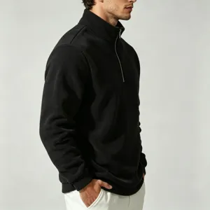 Men's black fleece quarter-zip sweatshirt detail, casual warm stand collar pullover style.