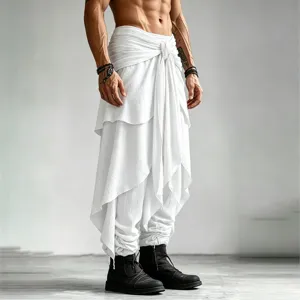 Men's white harem pants with twisted fake wrap, waist tie, layered drapes and cuffed ankles.