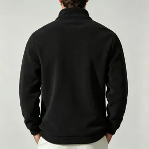 Men's winter fleece half-zip stand collar sweatshirt in black, casual warm pullover.