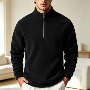 Men black quarter zip fleece pullover sweatshirt, casual loose stand collar winter warm top.