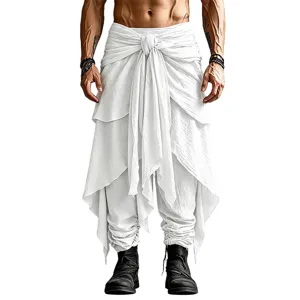 Men's white layered harem pants with waist strap and knot design, cuffed casual trousers.