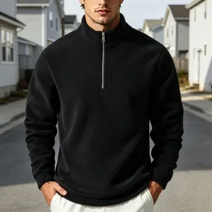 Men's black 1/4 zip fleece sweatshirt, stand collar casual pullover activewear for winter.