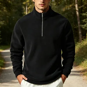 Detail view of mens black fleece half zip sweatshirt mock neck casual outdoor wear pullover