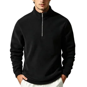 Men's black fleece quarter zip sweatshirt, stand collar casual pullover detail view.