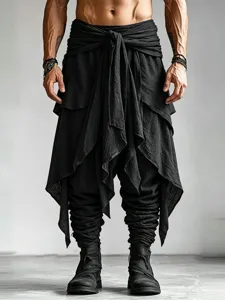 Men High Street Harem Pants Layered Knot Tie Waist Wrap Joggers Loose Casual Streetwear Trousers Polyester Solid Color