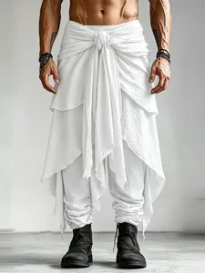 Men white layered draped harem pants with knot tie waist casual trousers for daily wear.