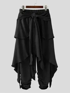 Men's Fashion Black Layered Harem Pants Casual Tie Waist Loose Draped Long Trousers