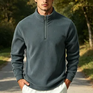 Men quarter-zip fleece sweatshirt detail view, stand collar casual pullover, dark grey.
