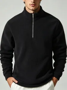 Mens Black Quarter Zip Fleece Pullover Stand Collar Thermal Sweatshirt For Winter Casual
