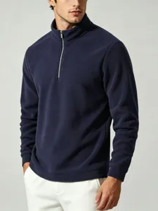 Men's winter navy blue quarter-zip fleece sweatshirt standing collar casual pullover top