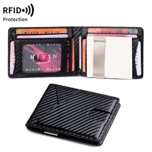 Men minimalist carbon fiber bifold wallet with RFID protection slim money clip card holder