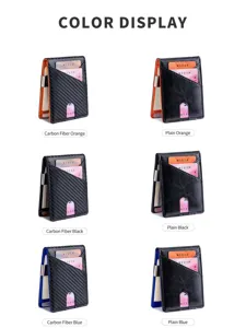 Men's slim bi-fold wallet RFID credit card holder with multiple slots and carbon fiber design.