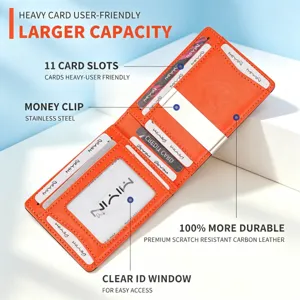 Men's bifold wallet with 11 card slots, stainless steel money clip, and clear ID window in orange.
