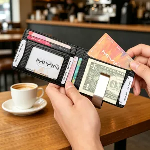 Sleek and slim carbon fiber bifold wallet with money clip and multiple card slots for men.