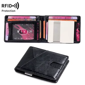 Men's Black Leather Bifold Wallet Slim RFID Blocking Card Holder with Metal Money Clip