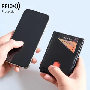 Slim leather card wallet for men with RFID protection, compact minimalist card holder design.