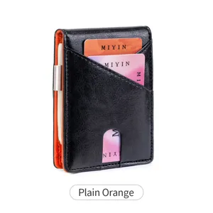 Minimalist black leather card holder wallet with orange interior and money clip for men detail.