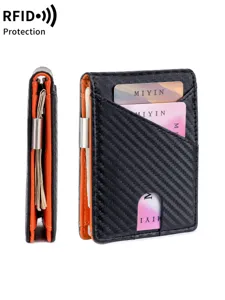 RFID Protection Business Men's Wallet Slim Carbon Fiber Texture Card Holder Bifold Purse With Metal Money Clip