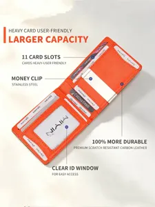 Men's orange bifold carbon fiber wallet with stainless steel money clip and 11 card slots.