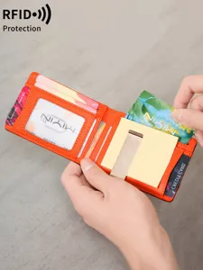 Orange leather bifold mens wallet with multiple card slots and metal money clip open view