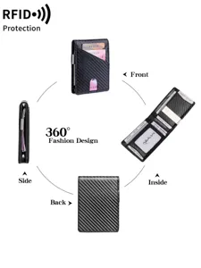 Carbon fiber minimalist men wallet with money clip and RFID blocking card holder design.