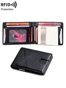 Men carbon fiber bifold wallet minimalist slim credit card holder with money clip RFID blocking