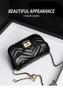 Close-up detail of the black quilted chain crossbody bag featuring elegant metallic twist lock.