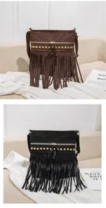Retro suede fringe crossbody bag with metal studs and zipper closure for women daily wear style.