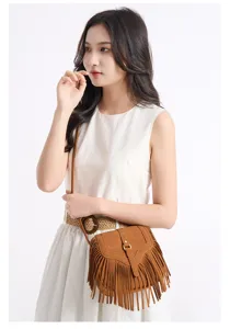 Women bohemian fringe crossbody bag vintage suede shoulder bag casual tassel handbag brown