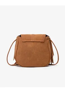 Brown bohemian vintage fringe crossbody bag, faux suede flap shoulder bag for women.