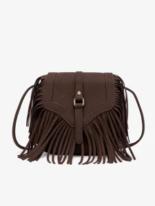 Bohemian vintage fringe crossbody bag for women, dark brown suede shoulder bag with chic flap.