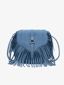 Detailed view of the blue faux suede fringe crossbody bag showcasing its flap and metal buckle.