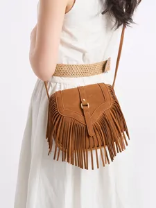 Bohemian retro suede fringe crossbody bag, stylish lightweight women's shoulder bag.