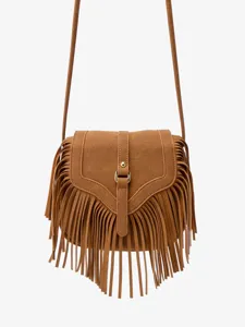 Brown suede fringe crossbody bag for women boho style retro shoulder bag with flap design