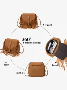Bohemian vintage fringe crossbody bag for women, stylish suede shoulder bag with flap design.