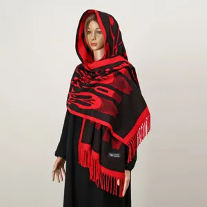Xinjiang ethnic style black and red patterned hooded cashmere scarf winter warm shawl