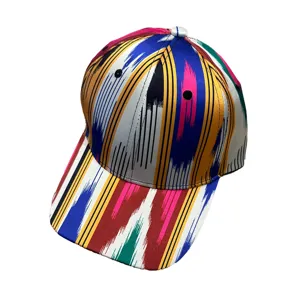 Colorful ethnic pattern baseball cap with vibrant traditional multicolor stripes for women.