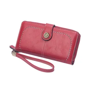 Red long women's wallet with wrist strap zipper vintage design clutch purse stylish accessory