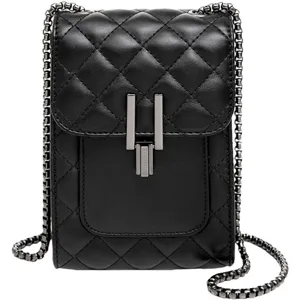 Stylish black quilted mini chain crossbody phone bag with elegant metal lock for women.
