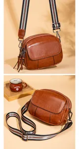 Vintage brown leather crossbody bag with striped strap, multi-layer casual shoulder bag for women.
