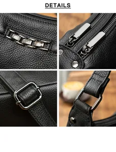 Black leather shoulder bag hardware and texture detail close up view showing fine craftsmanship.