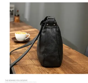 Classic black leather shoulder bag side view, minimalist casual commuting daily tote design.