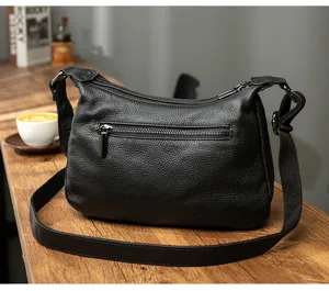 Black litchi pattern leather shoulder bag minimalist commute casual daily crossbody bag.