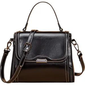 Classic black leather top-handle crossbody bag with elegant contrast stitching design.